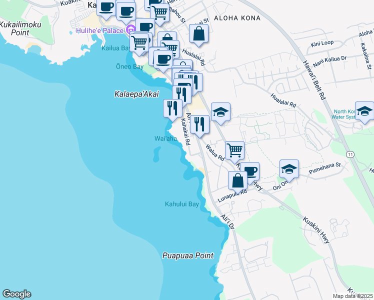 map of restaurants, bars, coffee shops, grocery stores, and more near 75-5870 Kahakai Road in Kailua-Kona
