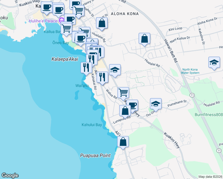 map of restaurants, bars, coffee shops, grocery stores, and more near 75-5873 Walua Road in Kailua-Kona
