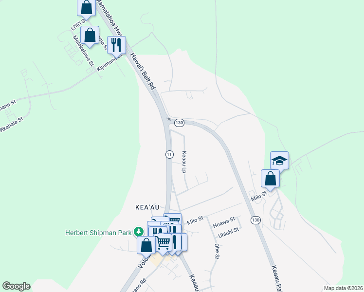 map of restaurants, bars, coffee shops, grocery stores, and more near 16-362 Keaau Loop in Keaau