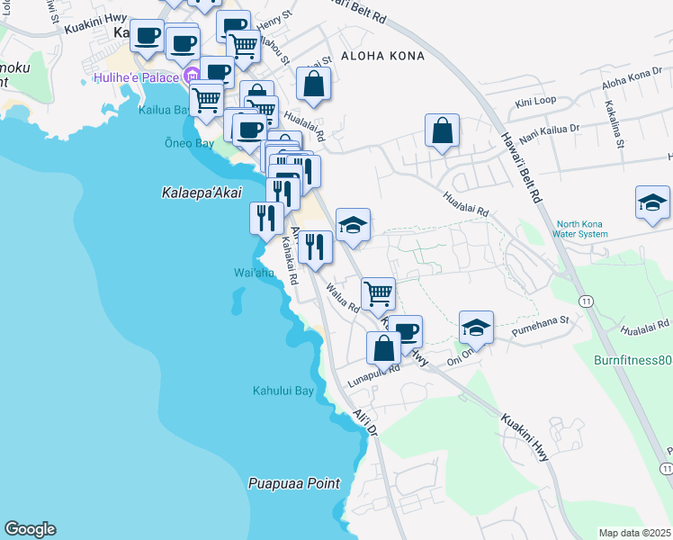 map of restaurants, bars, coffee shops, grocery stores, and more near 75-5864 Walua Road in Kailua-Kona