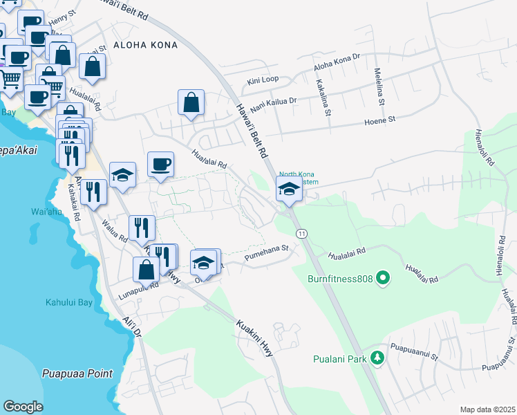 map of restaurants, bars, coffee shops, grocery stores, and more near 75-346 Hualalai Road in Kailua-Kona