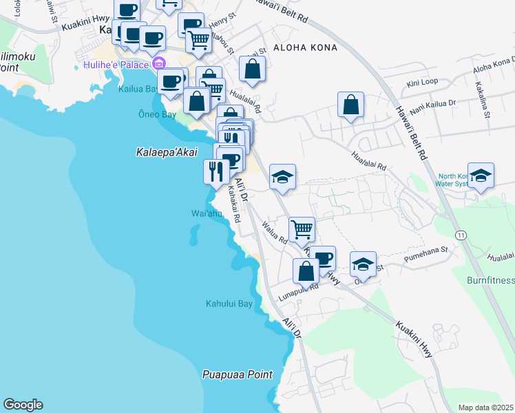 map of restaurants, bars, coffee shops, grocery stores, and more near 75-5855 Ali‘i Drive in Kailua-Kona