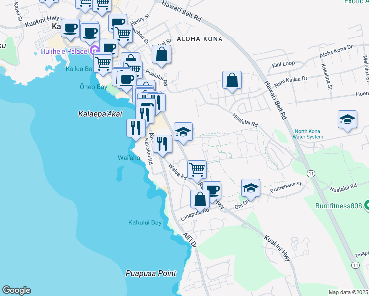map of restaurants, bars, coffee shops, grocery stores, and more near 75-5851 Kuakini Highway in Kailua-Kona