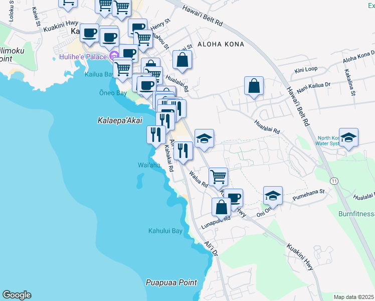 map of restaurants, bars, coffee shops, grocery stores, and more near 75-5855 Ali‘i Drive in Kailua-Kona
