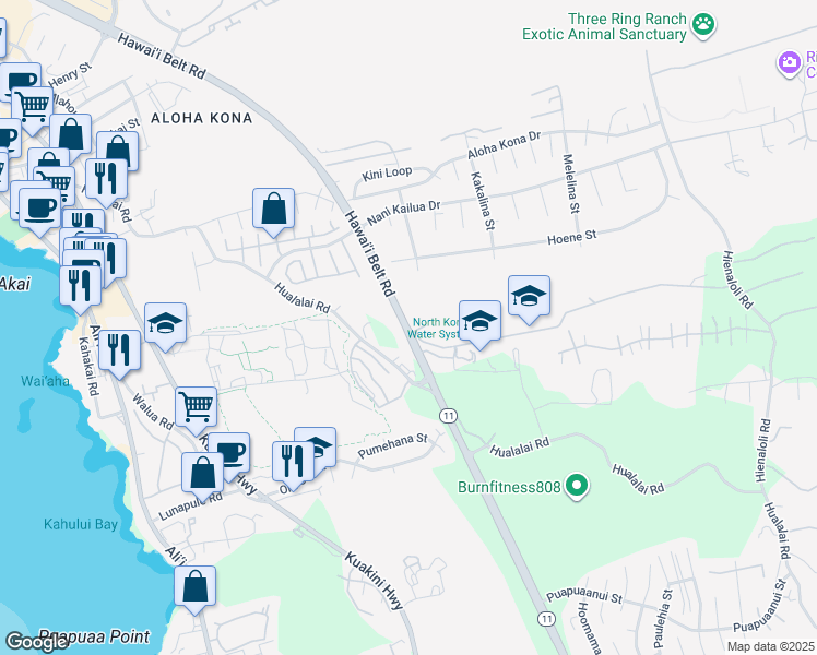 map of restaurants, bars, coffee shops, grocery stores, and more near 75 Queen Ka'ahumanu Highway in Kailua-Kona