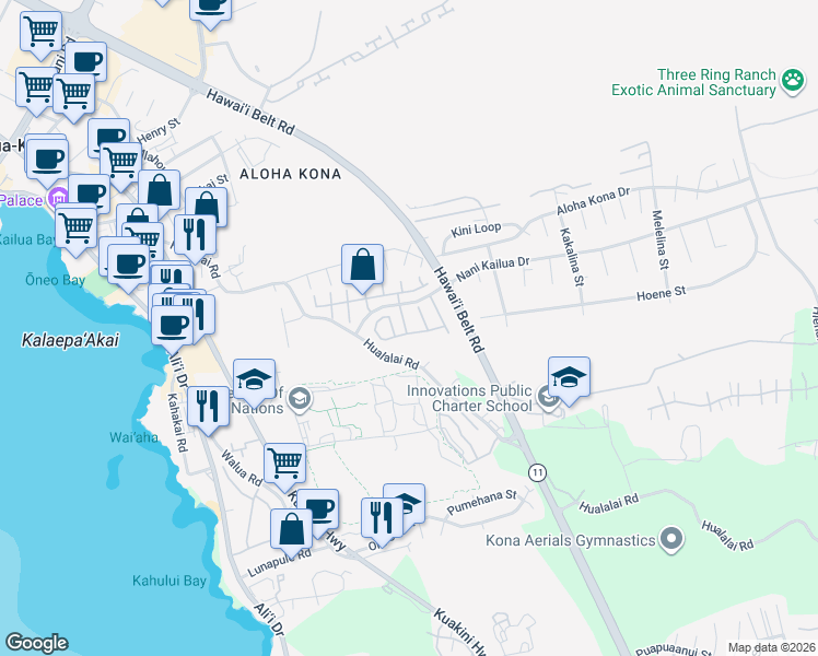 map of restaurants, bars, coffee shops, grocery stores, and more near 75-234 Nani Kailua Drive in Kailua-Kona
