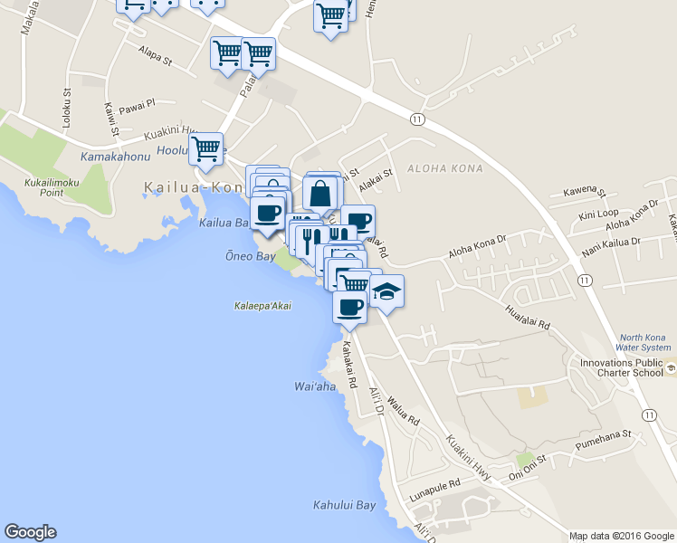 map of restaurants, bars, coffee shops, grocery stores, and more near 75-5777 Alii Drive in Kailua-Kona