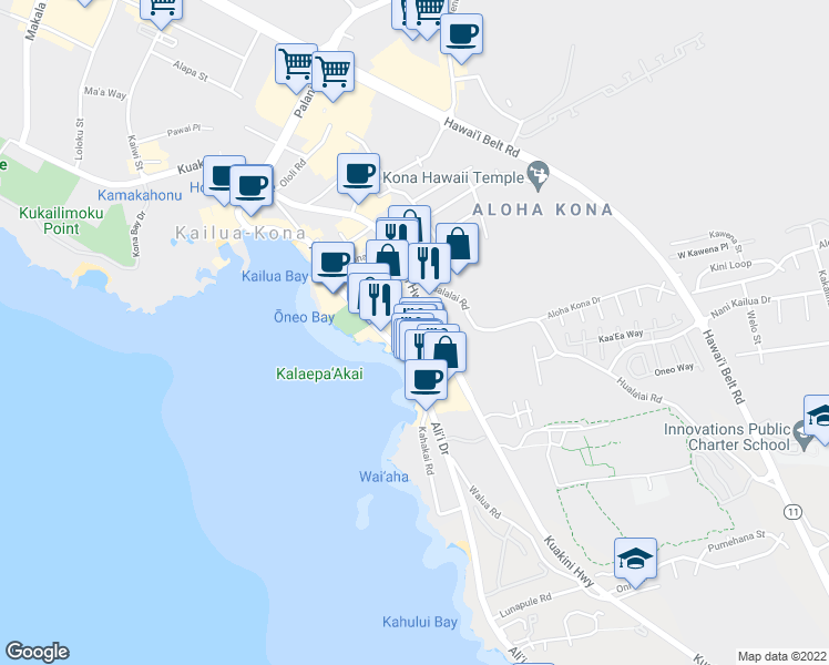 map of restaurants, bars, coffee shops, grocery stores, and more near 75-5775 Kuakini Highway in Kailua-Kona