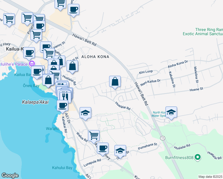 map of restaurants, bars, coffee shops, grocery stores, and more near 75-5794 Lanakoi Place in Kailua-Kona