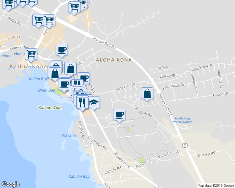 map of restaurants, bars, coffee shops, grocery stores, and more near 75-241 Hualalai Road in Kailua-Kona