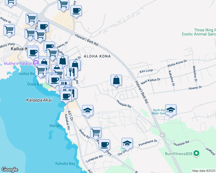 map of restaurants, bars, coffee shops, grocery stores, and more near 75-5794 Lanakoi Place in Kailua-Kona