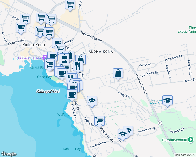 map of restaurants, bars, coffee shops, grocery stores, and more near 75-241 Hualalai Road in Kailua-Kona