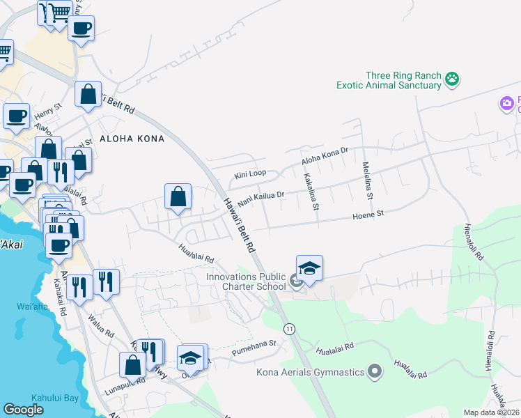 map of restaurants, bars, coffee shops, grocery stores, and more near 75-5816 Welo Street in Kailua-Kona