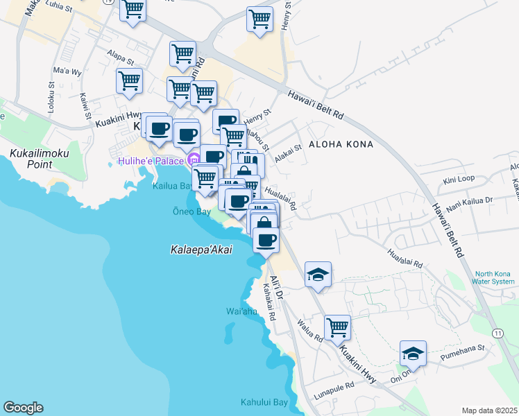 map of restaurants, bars, coffee shops, grocery stores, and more near 75-5777 Alii Drive in Kailua-Kona