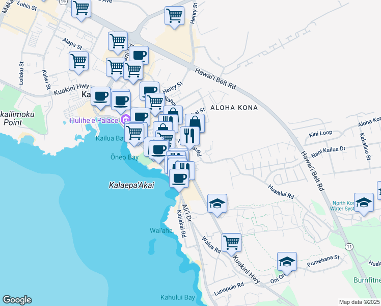 map of restaurants, bars, coffee shops, grocery stores, and more near 75-170 Hualalai Road in Kailua-Kona
