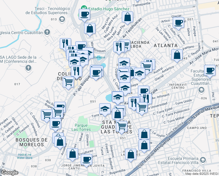 map of restaurants, bars, coffee shops, grocery stores, and more near Avenida Constitución in Cuautitlán Izcalli