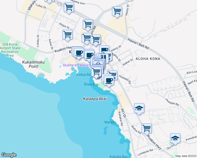 map of restaurants, bars, coffee shops, grocery stores, and more near 75-5744 Alii Drive in Kailua-Kona
