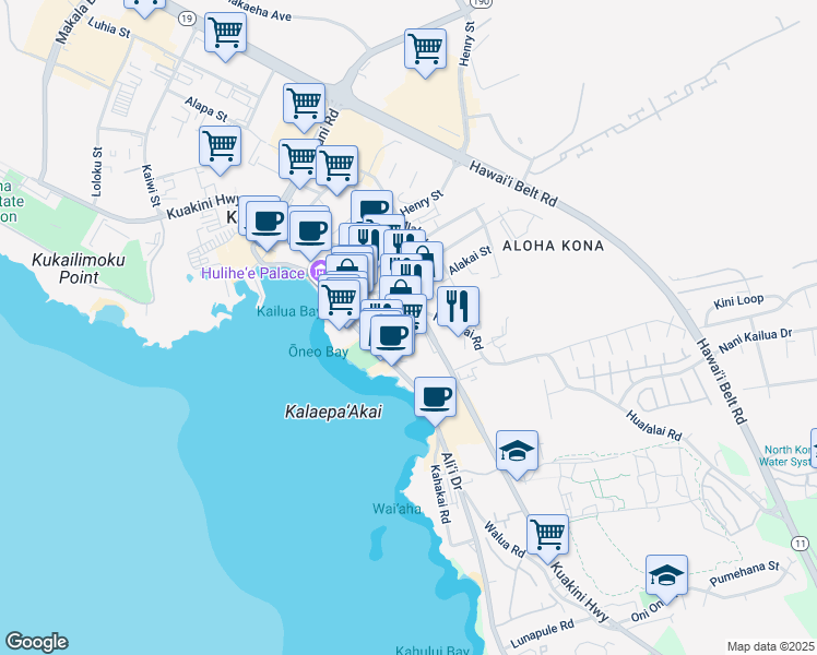 map of restaurants, bars, coffee shops, grocery stores, and more near 75-140 Hualalai Road in Kailua-Kona
