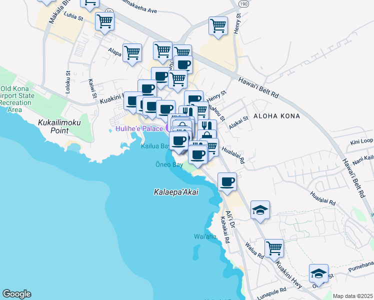 map of restaurants, bars, coffee shops, grocery stores, and more near 75-5739 Alii Drive in Kailua-Kona