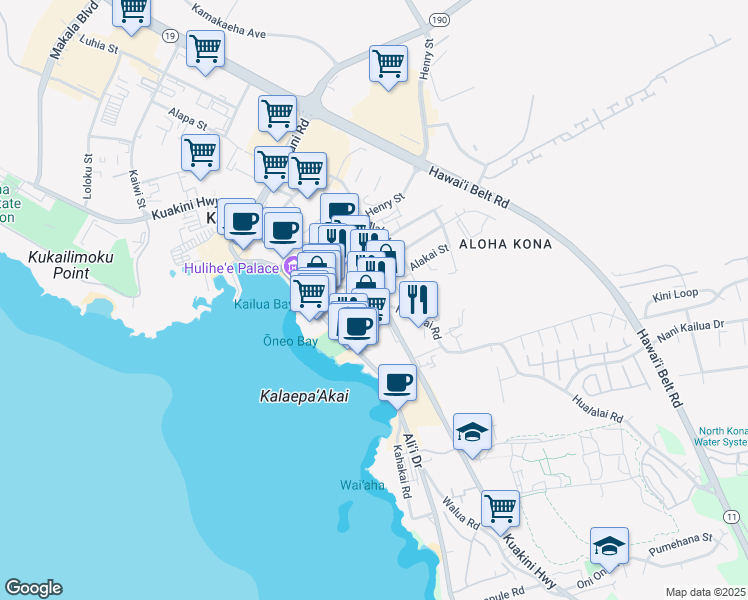 map of restaurants, bars, coffee shops, grocery stores, and more near 75-140 Hualalai Road in Kailua-Kona
