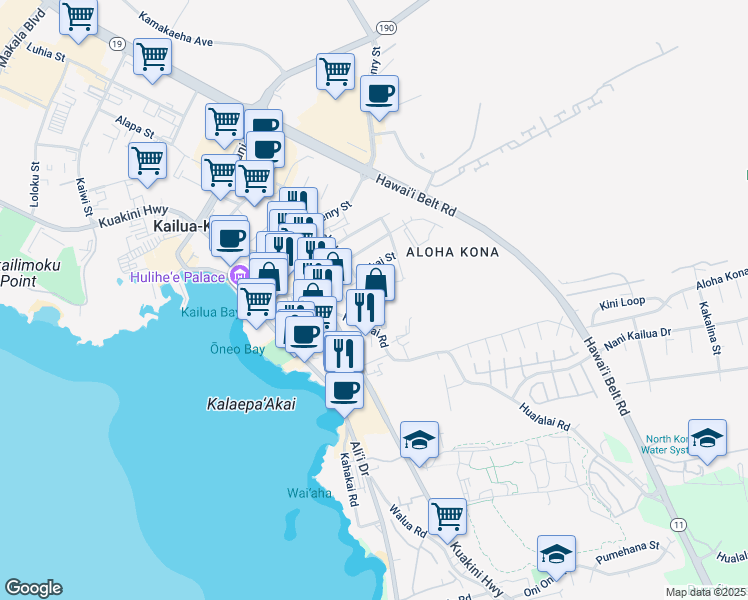 map of restaurants, bars, coffee shops, grocery stores, and more near 75-5748 Alanoe Place in Kailua-Kona