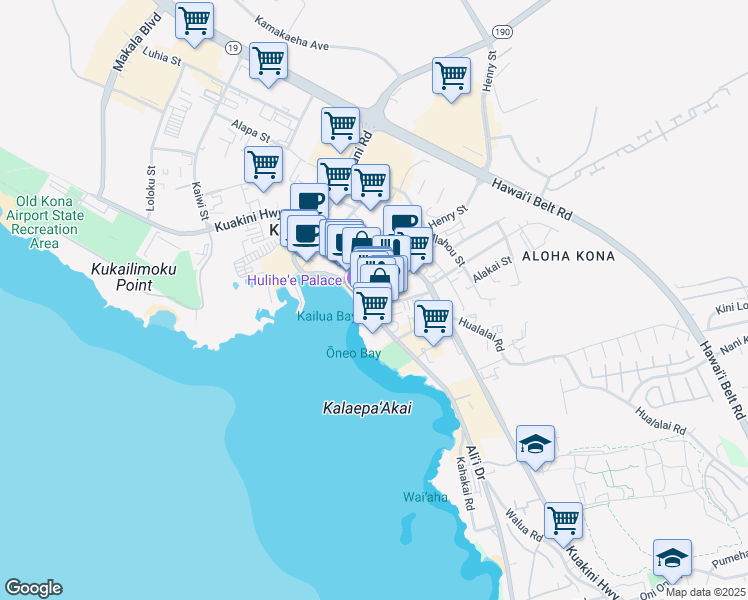 map of restaurants, bars, coffee shops, grocery stores, and more near 75-5719 Ali'i Drive in Kailua-Kona