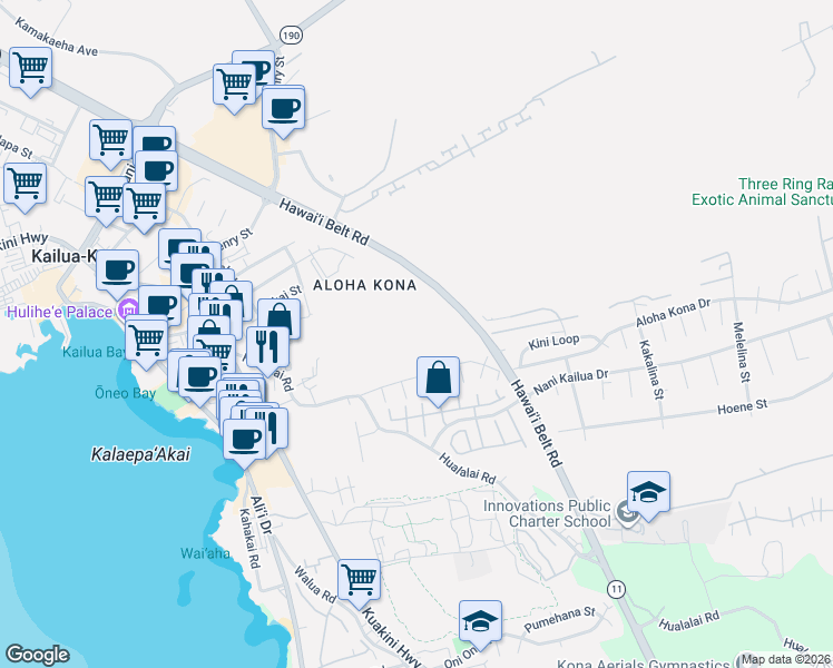 map of restaurants, bars, coffee shops, grocery stores, and more near 75-231 Aloha Kona Drive in Kailua-Kona
