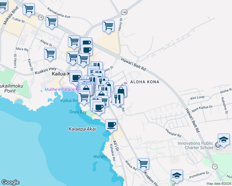 map of restaurants, bars, coffee shops, grocery stores, and more near 75-5742 Alahou Street in Kailua-Kona