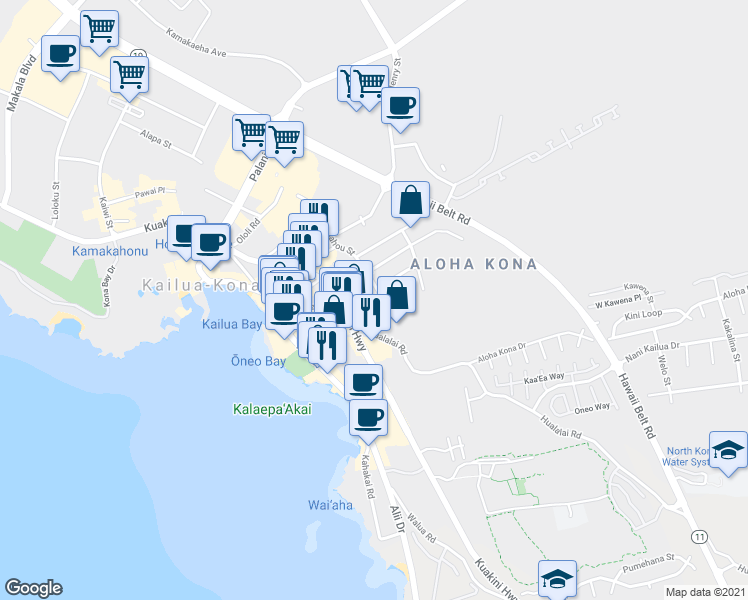 map of restaurants, bars, coffee shops, grocery stores, and more near 75-5742 Alahou Street in Kailua-Kona