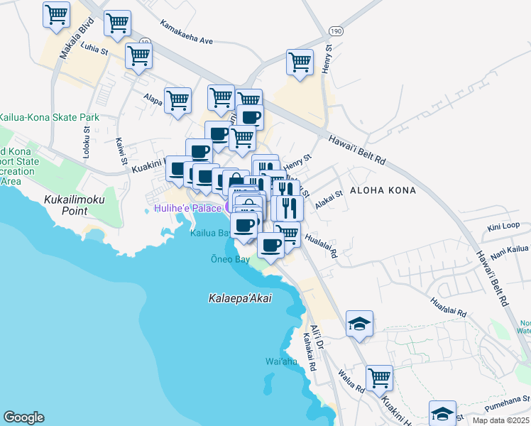 map of restaurants, bars, coffee shops, grocery stores, and more near 75-170 Kuakini Highway in Kailua-Kona