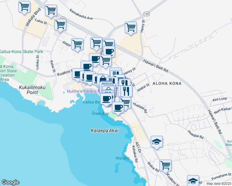 map of restaurants, bars, coffee shops, grocery stores, and more near 75-170 Kuakini Highway in Kailua-Kona