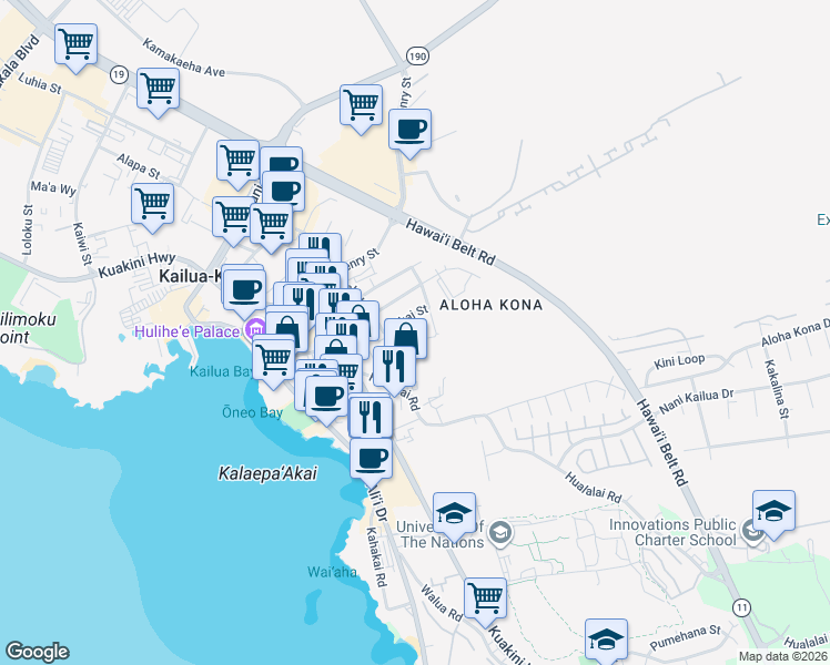 map of restaurants, bars, coffee shops, grocery stores, and more near 75-5743 Alanoe Place in Kailua-Kona