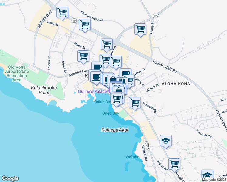 map of restaurants, bars, coffee shops, grocery stores, and more near 75-5744 Ali‘i Drive in Kailua-Kona