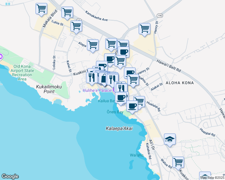 map of restaurants, bars, coffee shops, grocery stores, and more near 33 Ali‘i Drive in Kailua-Kona