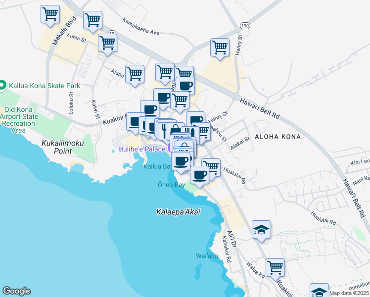 map of restaurants, bars, coffee shops, grocery stores, and more near 75-5744 Ali‘i Drive in Kailua-Kona