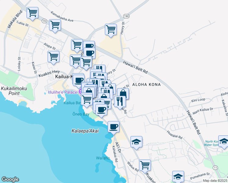map of restaurants, bars, coffee shops, grocery stores, and more near 75-5730 Alahou Street in Kailua-Kona