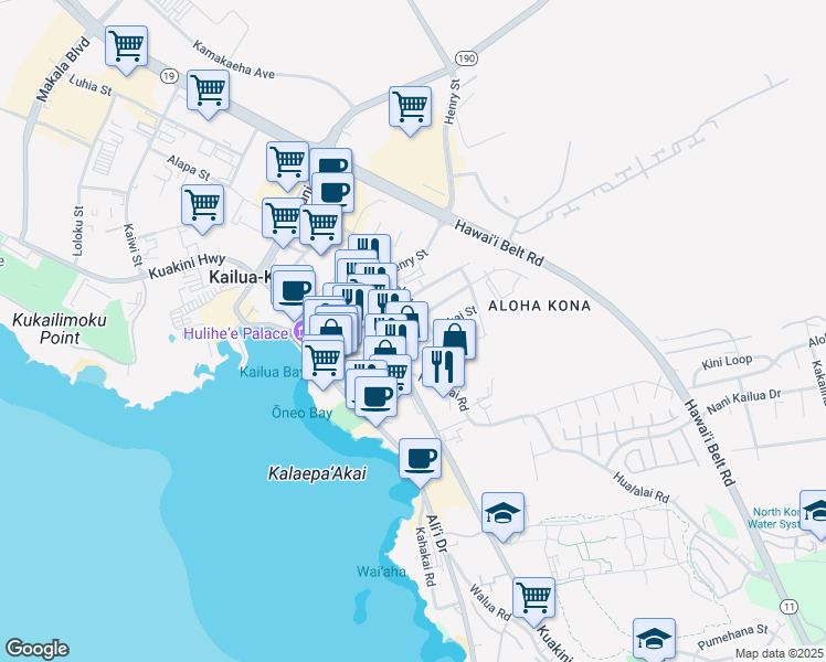 map of restaurants, bars, coffee shops, grocery stores, and more near 75-5742 Alahou Street in Kailua-Kona