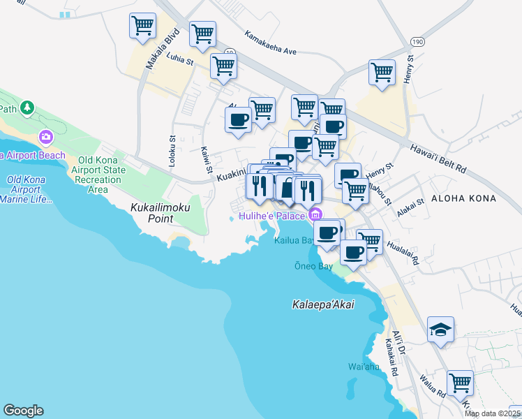 map of restaurants, bars, coffee shops, grocery stores, and more near 75-5664 Kaahumanu Place in Kailua-Kona