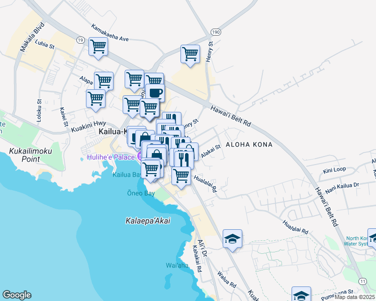 map of restaurants, bars, coffee shops, grocery stores, and more near 75-5705 Kalawa Street in Kailua-Kona