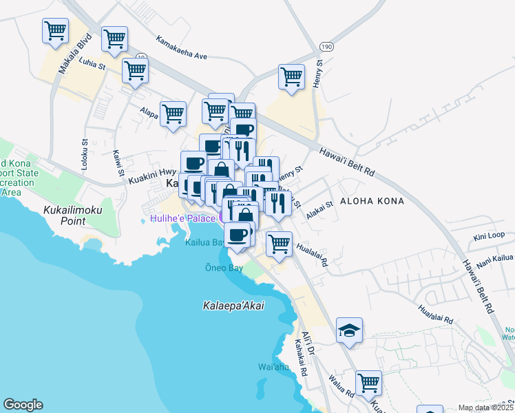 map of restaurants, bars, coffee shops, grocery stores, and more near 75-5702 Kuakini Highway in Kailua-Kona