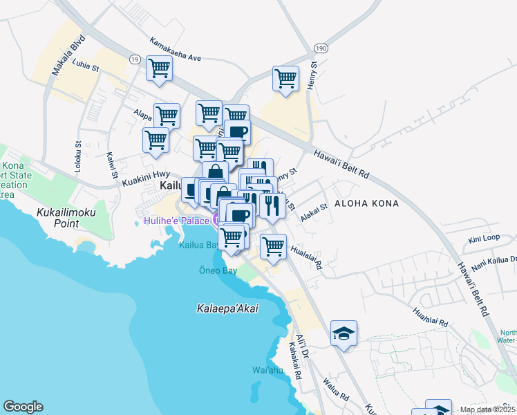 map of restaurants, bars, coffee shops, grocery stores, and more near 75-5702 Kuakini Highway in Kailua-Kona