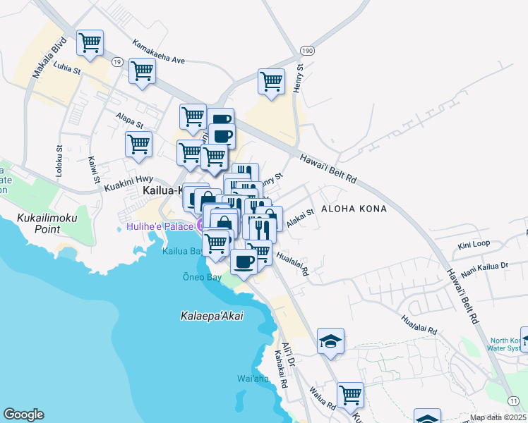 map of restaurants, bars, coffee shops, grocery stores, and more near 75-5705 Kalawa Street in Kailua-Kona