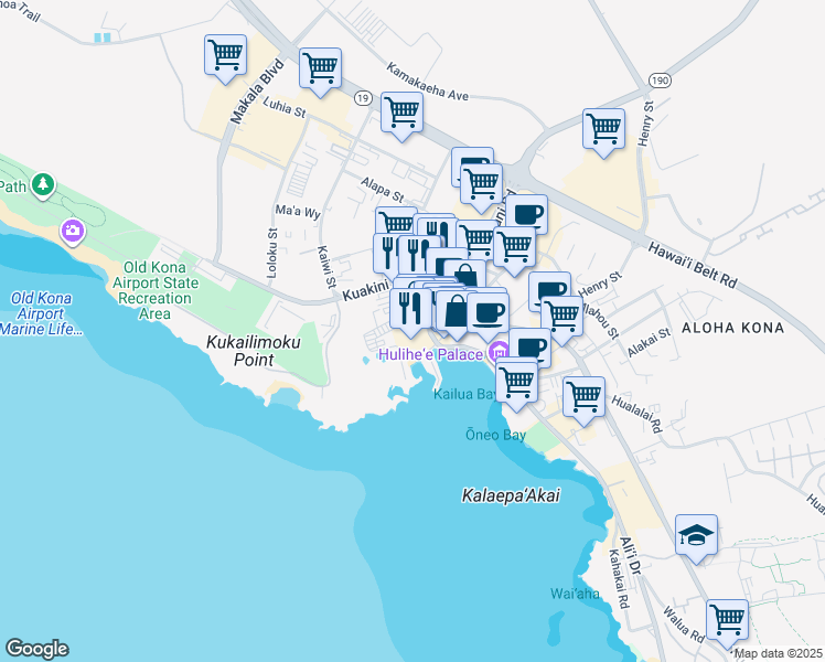 map of restaurants, bars, coffee shops, grocery stores, and more near 75 Kuakini Highway in Kailua-Kona