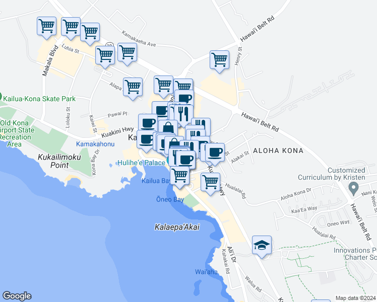 map of restaurants, bars, coffee shops, grocery stores, and more near 75-5702 Kuakini Highway in Kailua-Kona