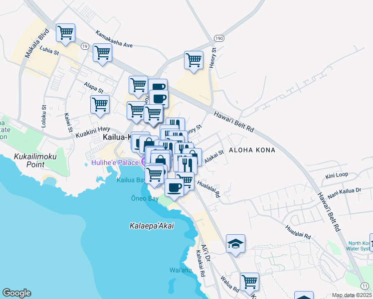 map of restaurants, bars, coffee shops, grocery stores, and more near 75-5705 Kalawa Street in Kailua-Kona