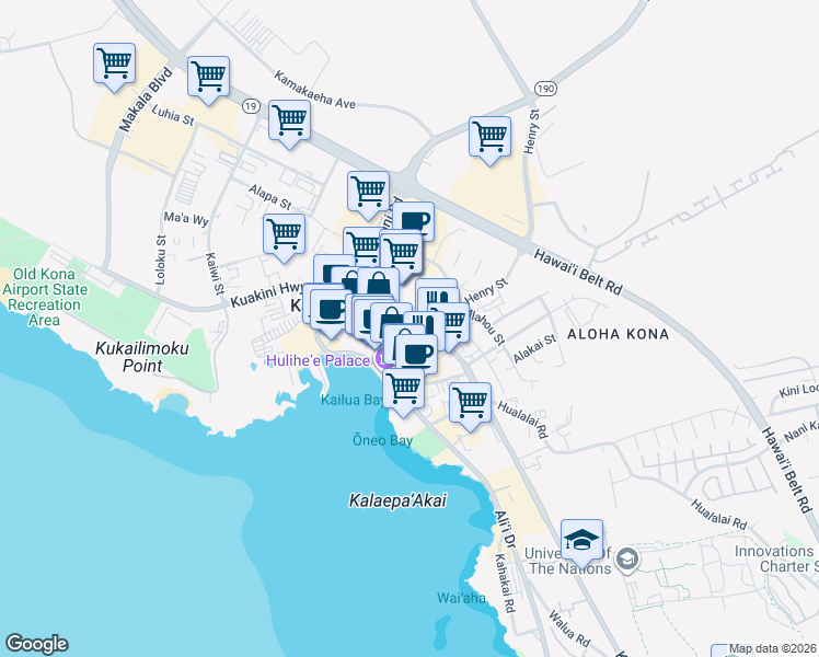 map of restaurants, bars, coffee shops, grocery stores, and more near 75-5681 Kuakini Highway in Kailua-Kona