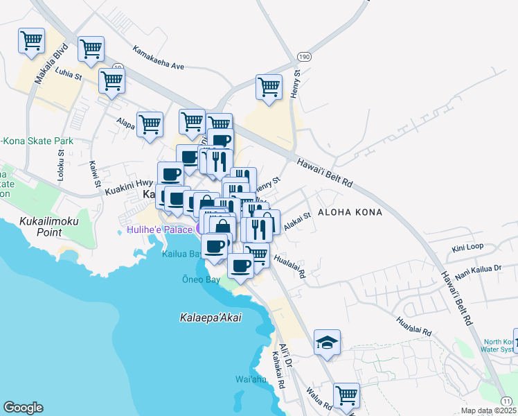 map of restaurants, bars, coffee shops, grocery stores, and more near 75-5705 Kalawa Street in Kailua-Kona