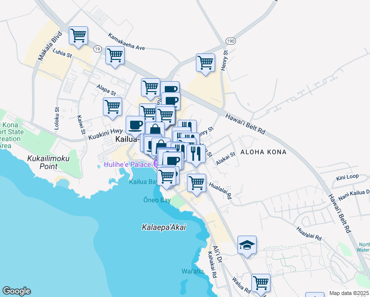 map of restaurants, bars, coffee shops, grocery stores, and more near 75-5702 Kuakini Highway in Kailua-Kona