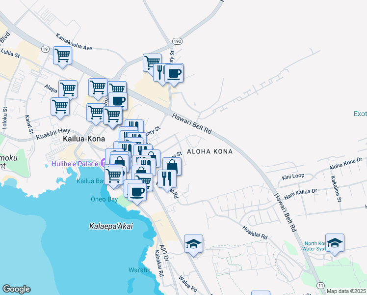 map of restaurants, bars, coffee shops, grocery stores, and more near 75-5730 Lamaokeola Street in Kailua-Kona
