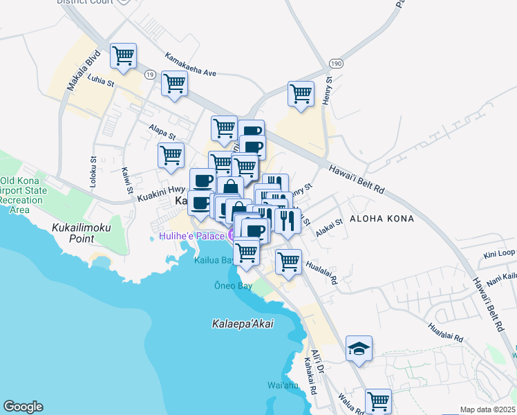 map of restaurants, bars, coffee shops, grocery stores, and more near 75-5702 Kuakini Highway in Kailua-Kona